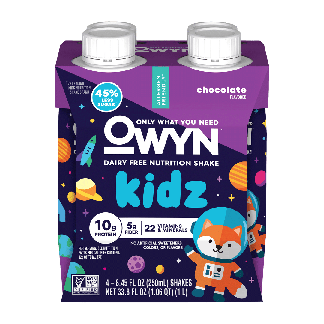 OWYN Kidz Chocolate Dairy-Free Nutrition Shake 4-pack featuring four 8.45 fl oz. shakes with 10g plant-based protein, 5g fiber, 22 vitamins and minerals, and 45% less sugar.
