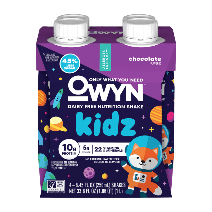 OWYN Kidz Chocolate Dairy-Free Nutrition Shake 4-pack featuring four 8.45 fl oz. shakes with 10g plant-based protein, 5g fiber, 22 vitamins and minerals, and 45% less sugar.