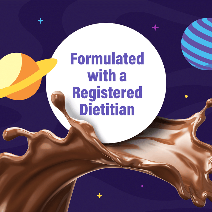 Graphic featuring chocolate splash with the message "Formulated with a Registered Dietitian" for OWYN Kidz Chocolate Dairy-Free Nutrition Shake.