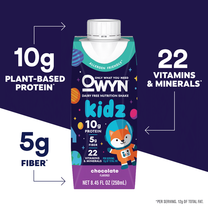 OWYN Kidz Chocolate Dairy-Free Nutrition Shake highlighting 10g plant-based protein, 5g fiber, and 22 vitamins and minerals per 8.45 fl oz. serving.