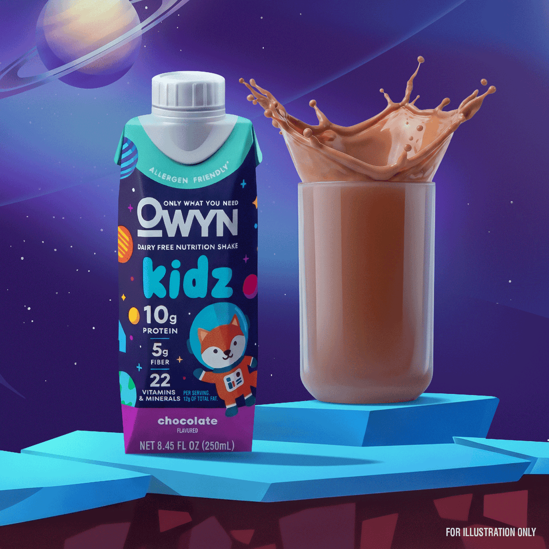 OWYN Kidz Chocolate Dairy-Free Nutrition Shake displayed beside a glass of chocolate shake with a splash, emphasizing its chocolate flavor and kid-friendly nutrition.
