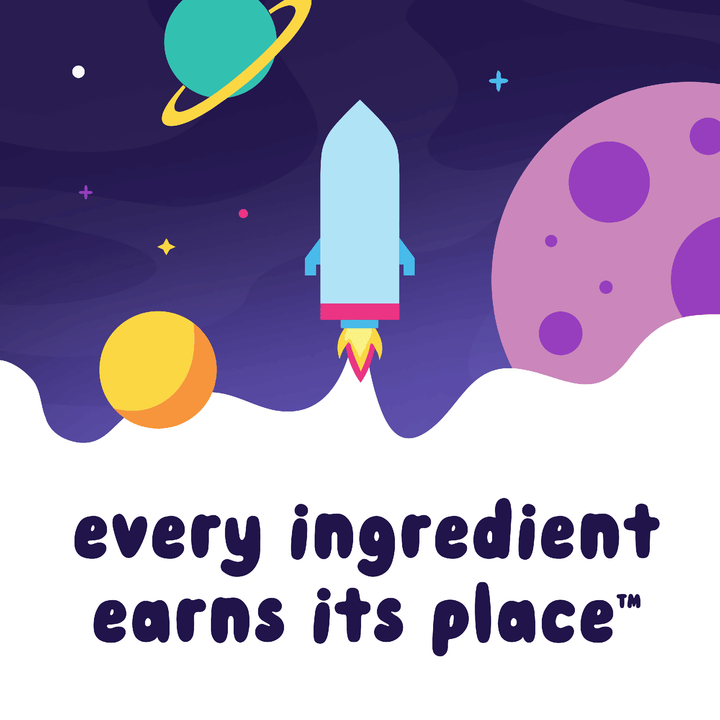Illustrated space-themed graphic with the message "Every ingredient earns its place," representing the clean ingredient philosophy of OWYN Kidz Nutrition Shakes.