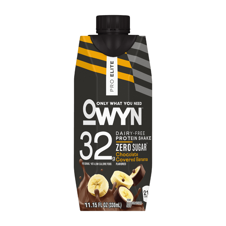OWYN Pro Elite protein shake carton featuring chocolate-covered bananas. Label highlights zero sugar, 32g protein, and dairy-free formula on black.