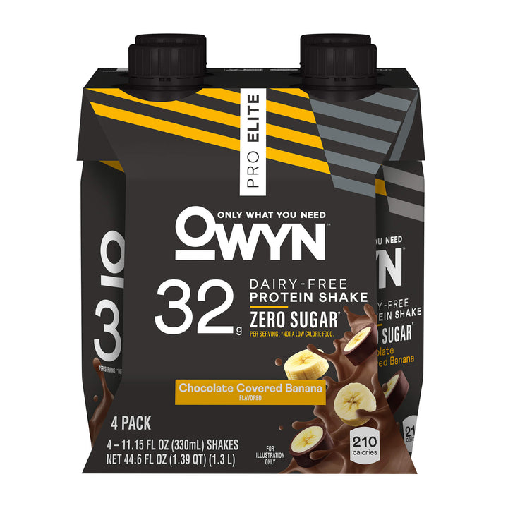 Packaging for OWYN Pro Elite dairy-free protein shake, chocolate-covered banana flavor. Bold text highlights 32g protein, zero sugar, and 210 calories.