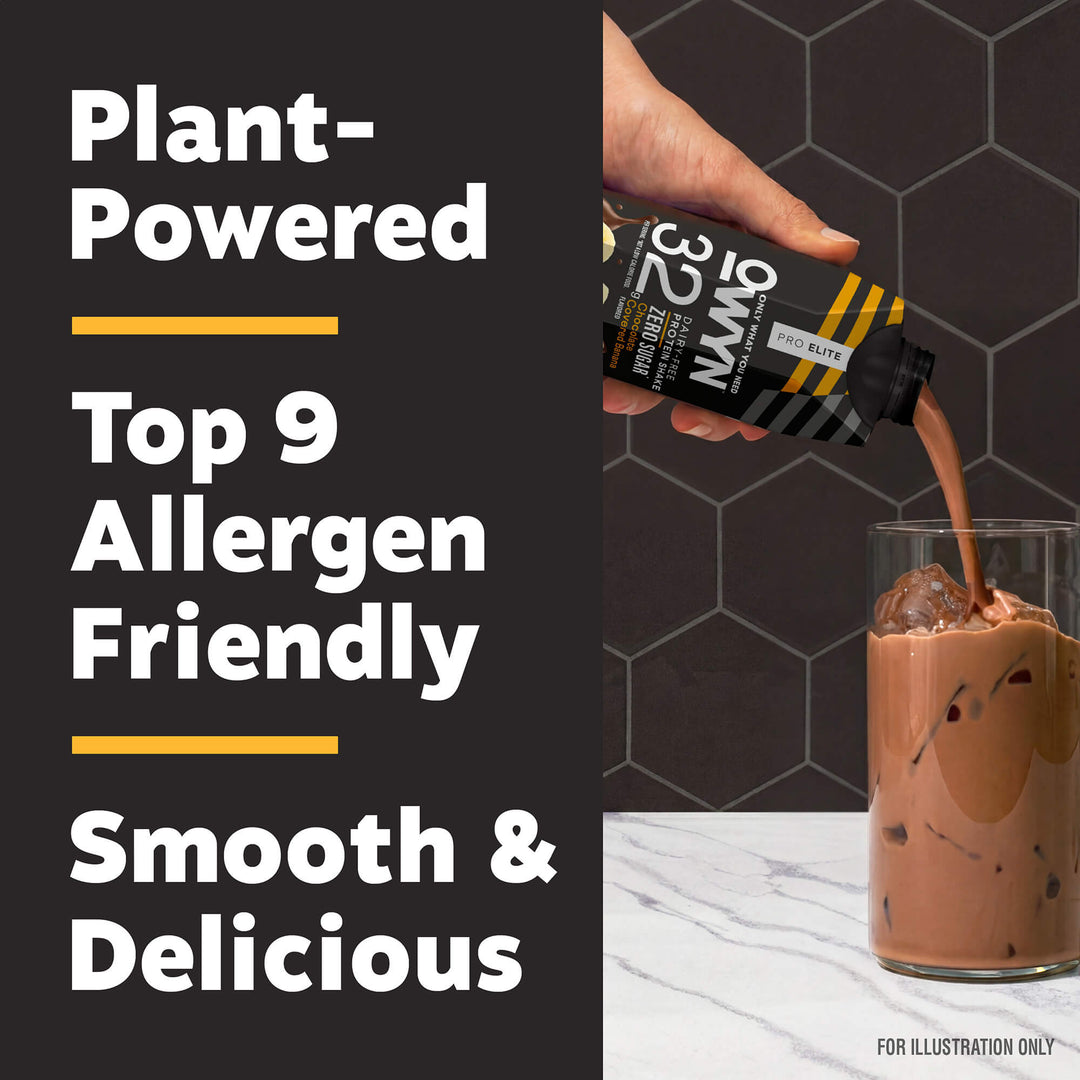 Hand pouring a plant-based, chocolate-flavored drink into a glass with ice. Text highlights: "Plant-Powered," "Top 9 Allergen Friendly," "Smooth & Delicious."