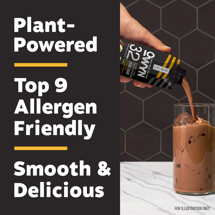 Hand pouring a plant-based, chocolate-flavored drink into a glass with ice. Text highlights: "Plant-Powered," "Top 9 Allergen Friendly," "Smooth & Delicious."