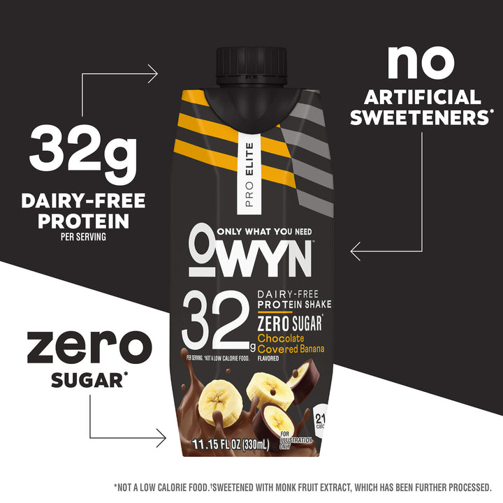 OWYN Pro Elite chocolate banana protein shake packaging. Highlights include 32g dairy-free protein, zero sugar, and no artificial sweeteners.