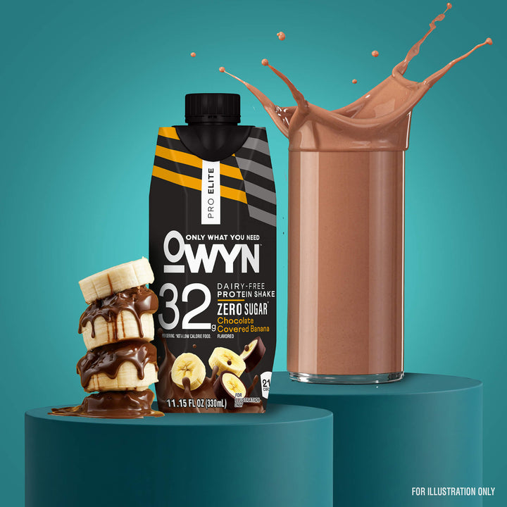 A vibrant image of an OWYN protein shake with chocolate banana flavor. It includes a carton, cascading chocolate splash, and bananas. Energetic and playful.