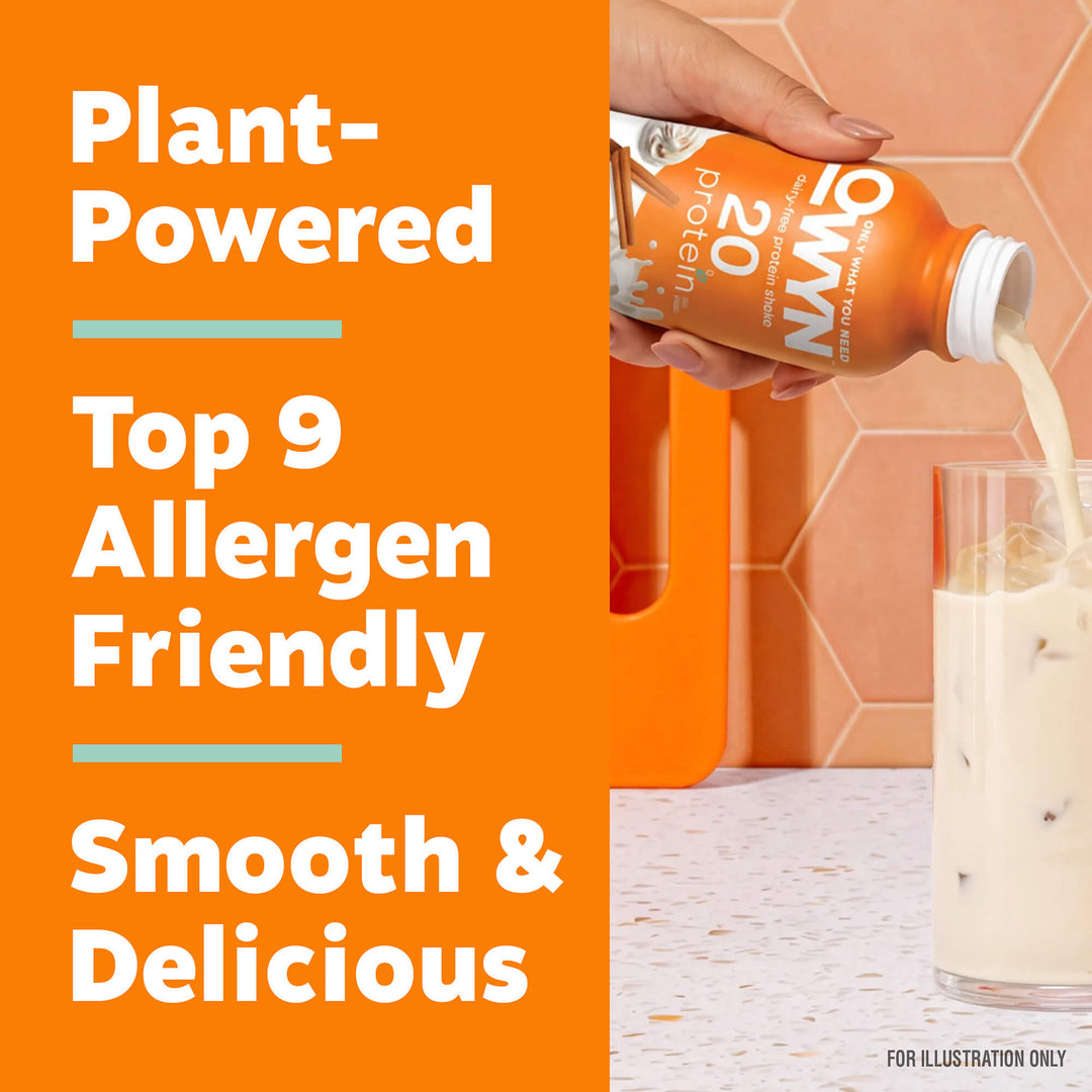 Promotional graphic for a plant-based protein drink. The left side features a bright orange background with white text reading 'Plant-Powered Top 9 Allergen Friendly Smooth & Delicious'.