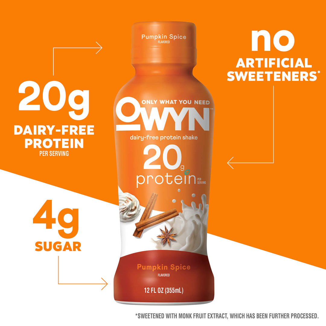 A bottle of OWYN Pumpkin Spice protein shake centered on an orange and white graphic background with callout text highlighting 20g dairy-free protein, no artificial sweeteners, and 4g sugar.