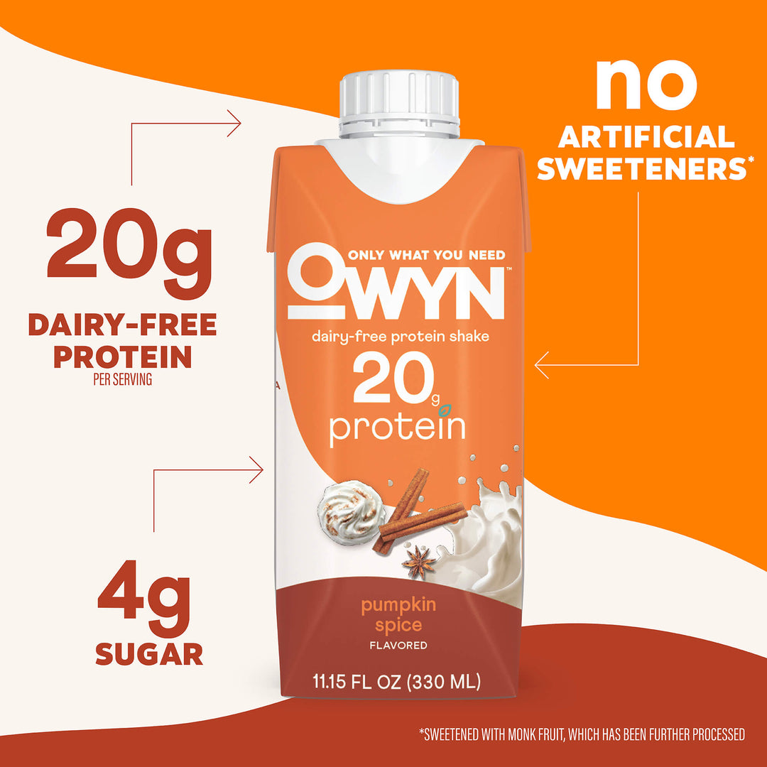 OWYN dairy-free protein shake packaging with pumpkin spice flavor on an orange and white background