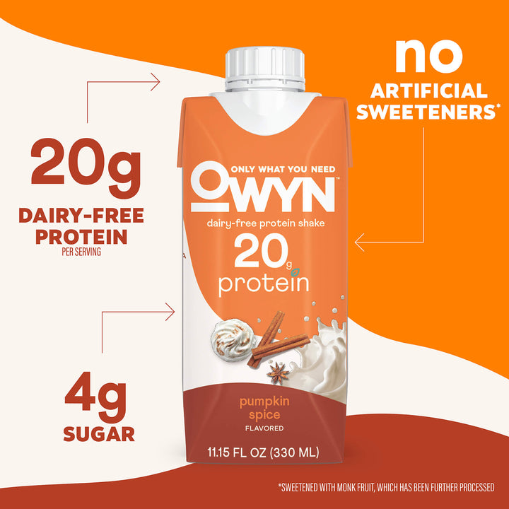 OWYN dairy-free protein shake packaging with pumpkin spice flavor on an orange and white background