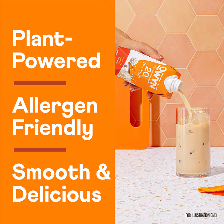 Product being poured into a glass with text highlighting 'Plant-Powered', 'Allergen Friendly', and 'Smooth & Delicious'.