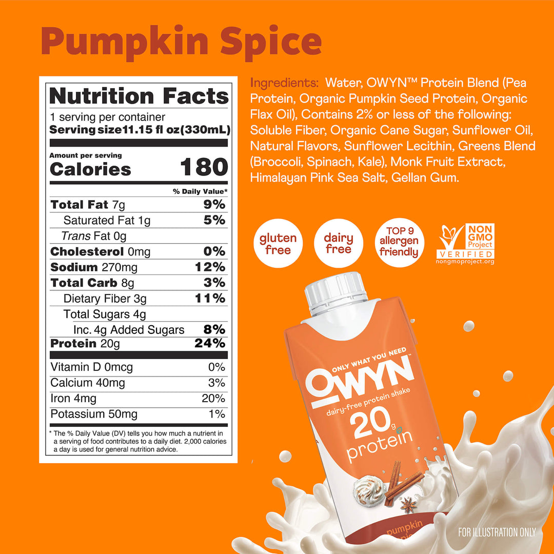 Nutrition label and packaging of OWYN Pumpkin Spice protein drink on an orange background