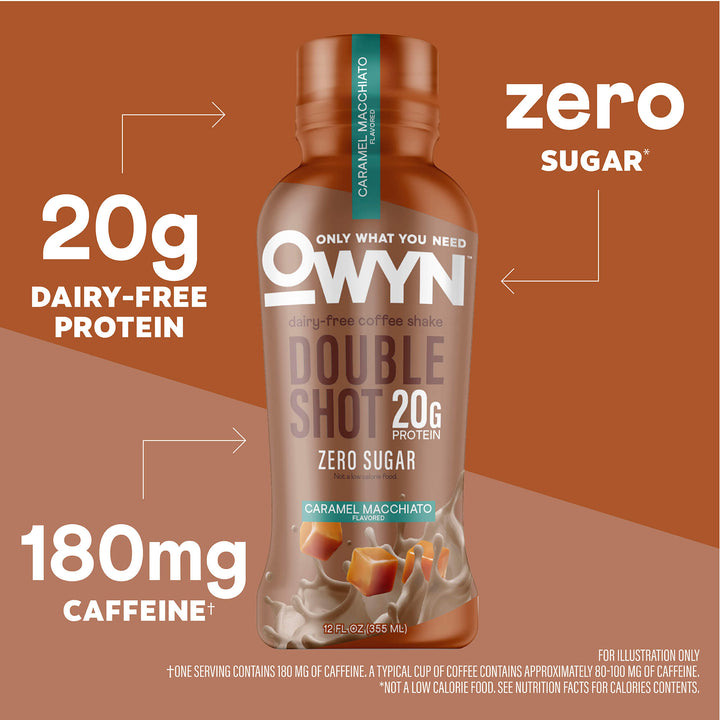 OWYN Caramel Macchiato Protein Coffee Shake bottle with caramel macchiato flavor on a brown background