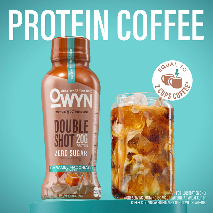 OWYN Caramel Macchiato Protein Coffee Shake bottle and glass of iced coffee on a teal background