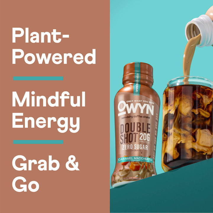 OWYN Caramel Macchiato Protein Coffee Shake bottle with text on a split background