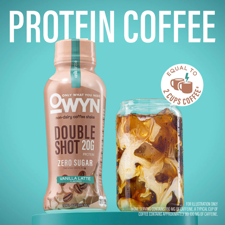 OWYN Vanilla Latte Doubleshot Protein Coffee Shake bottle with a glass of iced coffee on a teal background