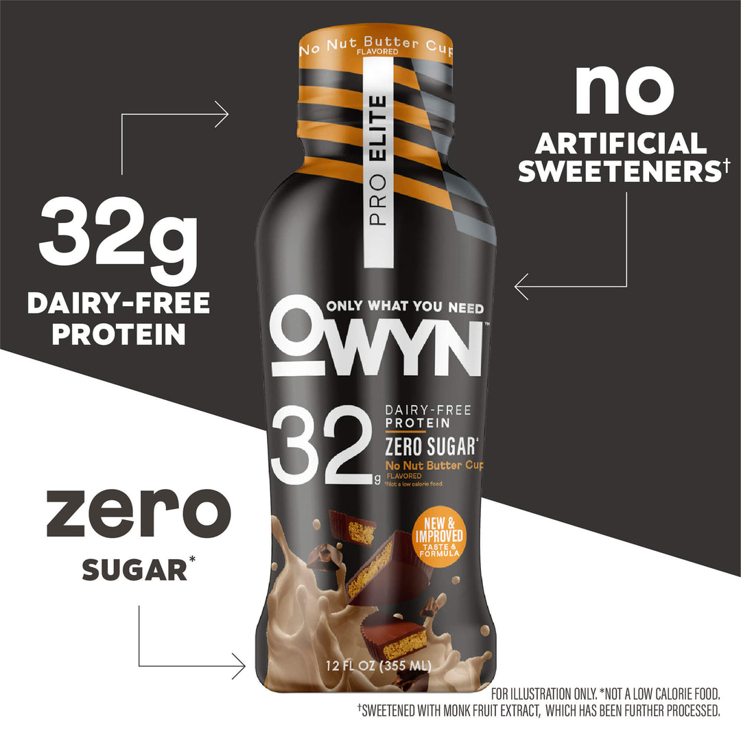 OWYN No Nut Buttercup Pro Elite Protein Shake bottle with nutritional information on a white background