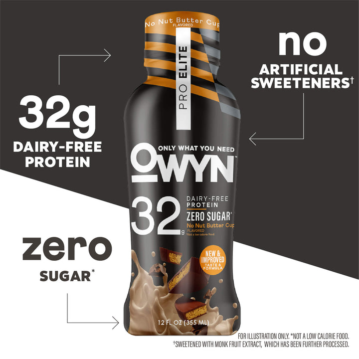 OWYN No Nut Buttercup Pro Elite Protein Shake bottle with nutritional information on a white background