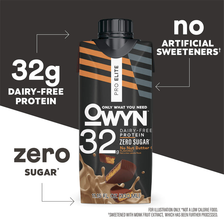 OWYN No Nut Buttercup Pro Elite Protein Shake carton with nutritional information on a white background