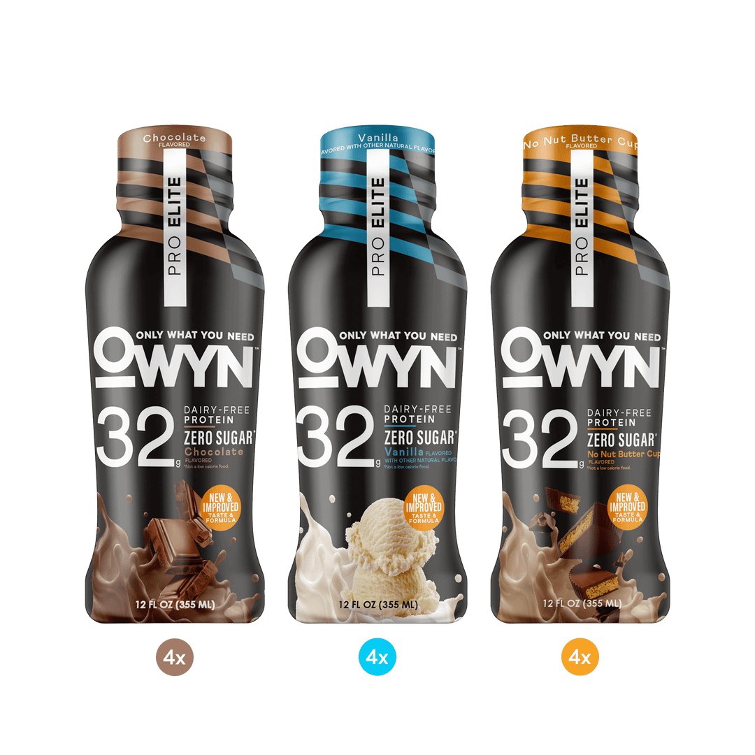 Three OWYN plant protein bottles - Chocolate, Vanilla, No Nut Buttercup Pro Elite Protein Shake Variety Pack