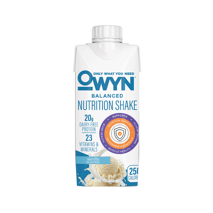 OWYN Vanilla Balanced Nutrition Shake packaging on a black background