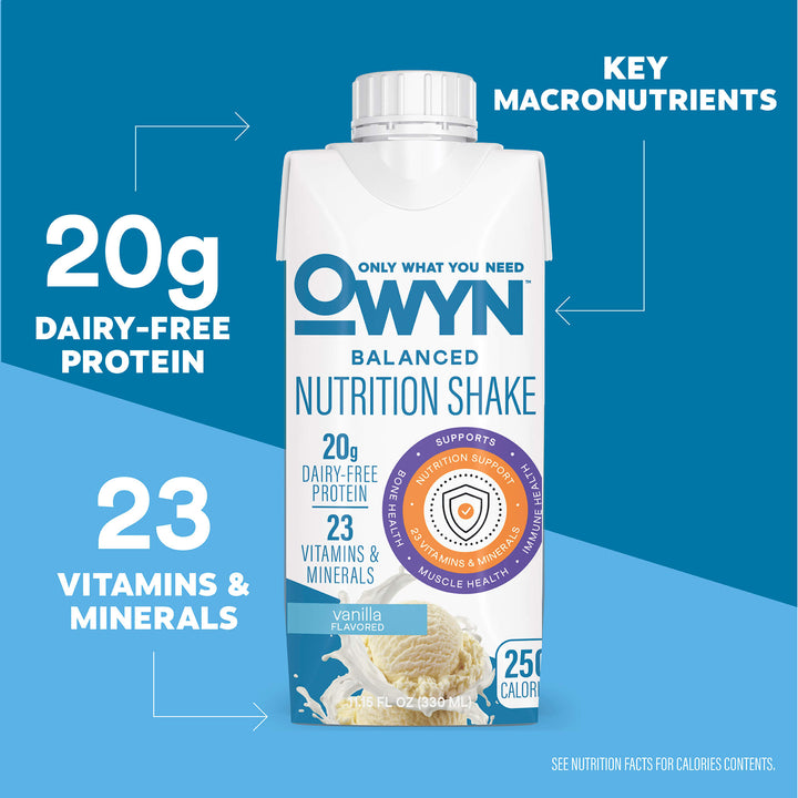 OWYN Vanilla Balanced Nutrition Shake packaging with key macronutrient information on a blue background
